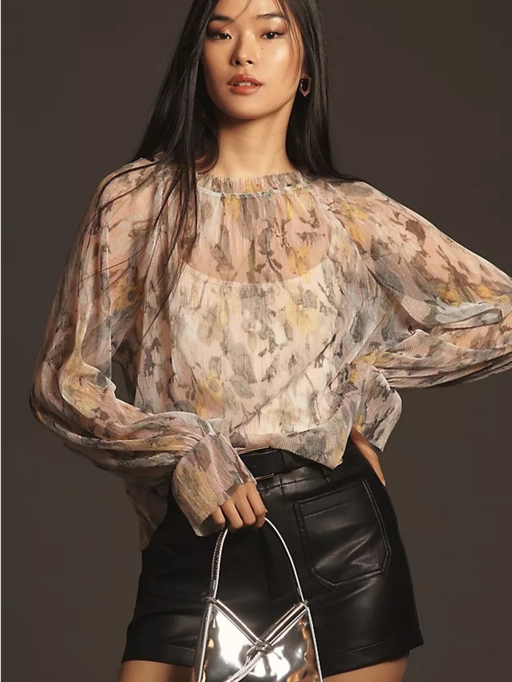 Anthropologie Sheer Neutral Floral-Print Billowy Blouse